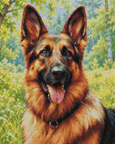 A close-up portrait of a German Shepherd dog with tan and black fur, pink tongue, and a dark collar, set against a blurred green outdoor background. German Shepherd Diamond Painting