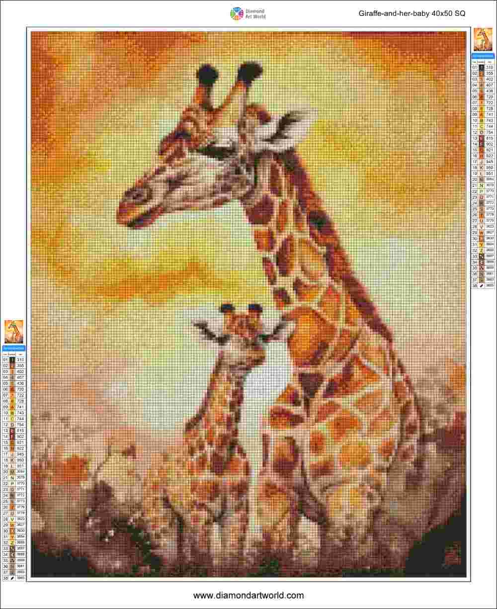 A diamond painting canvas design featuring a mother giraffe and her baby in an African savanna landscape, with a color chart and brand logo visible on the sides. Giraffe and her Baby - Diamond Painting Layout