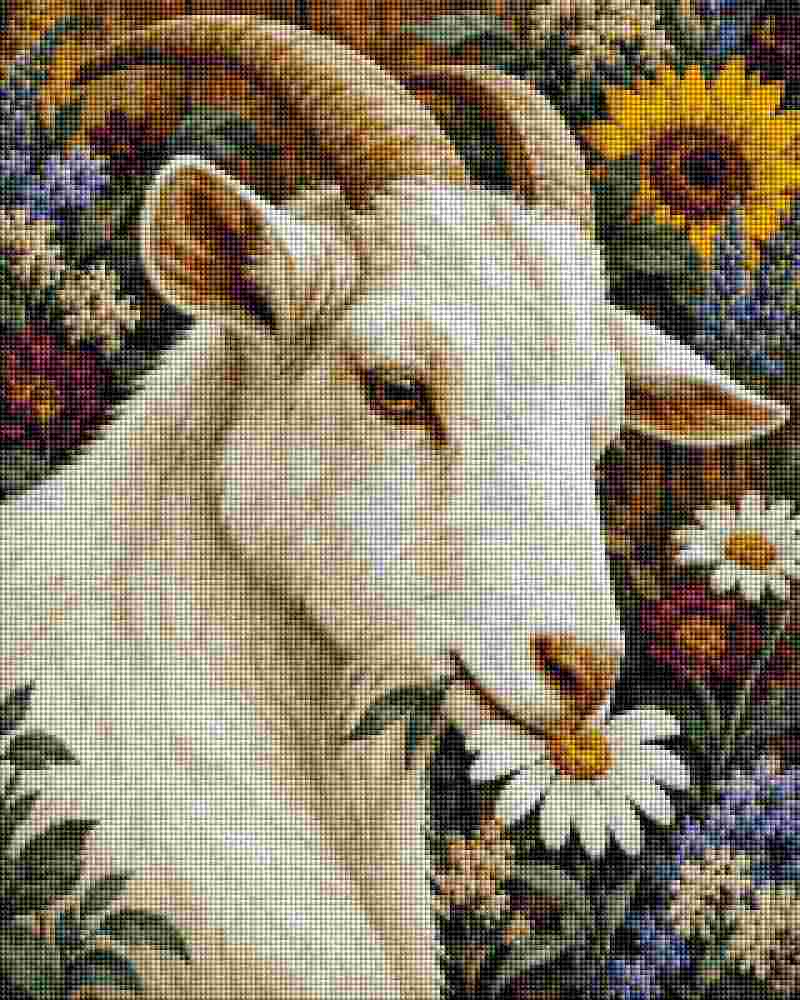 A close-up diamond style artwork of a white goat with curved brown horns, surrounded by flowers including a sunflower, daisies, and purple blossoms. Goat - Diamond Art