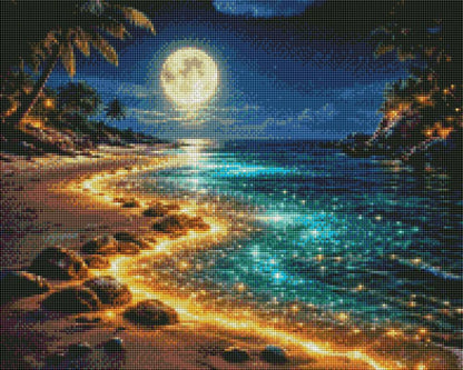 Beach scene with moonlight reflecting on the water. Golden Night Coast - AB drills - Diamond Art World