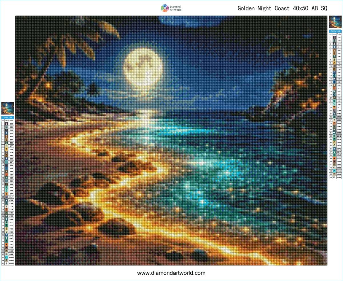 Diamond painting of a night beach scene with a full moon. Golden Night Coast - AB drills - Diamond painting layout