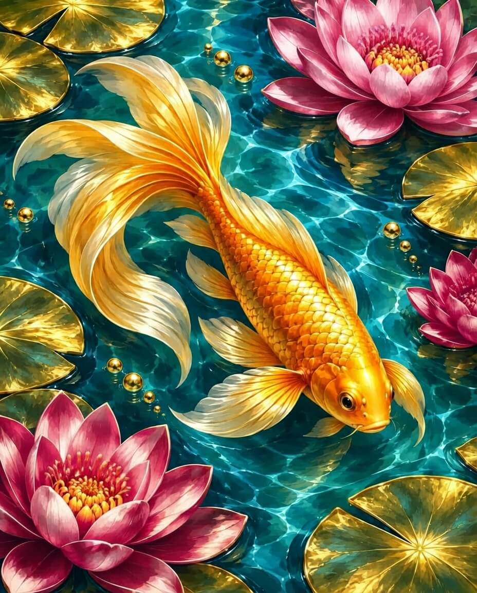 A stylized digital artwork of a large golden koi fish swimming in clear turquoise water, surrounded by pink lotus flowers and gold lily pads. Goldfish Diamond Painting