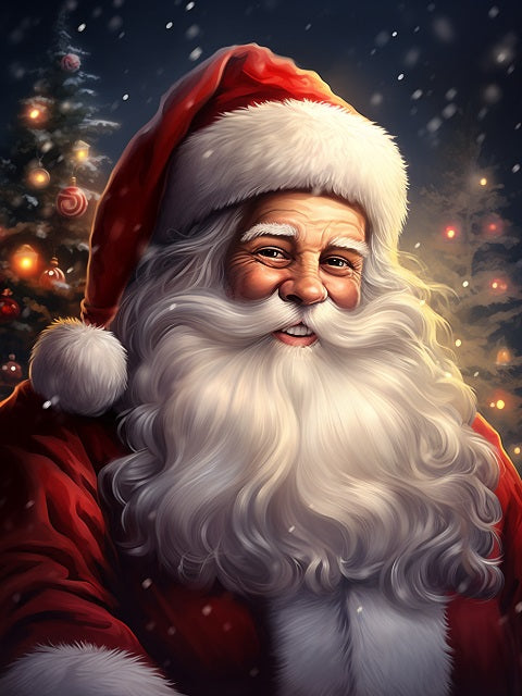 A festive digital illustration of Santa Claus smiling, wearing his classic red suit and fluffy white beard, set against a snowy night background with a decorated Christmas tree and warm lights. Happy Santa Claus - Diamond Painting