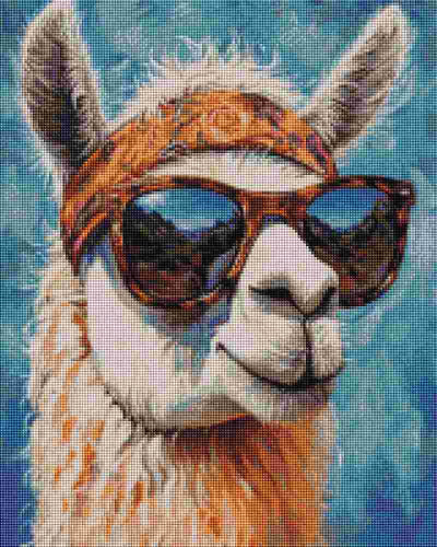 A stylized close-up portrait of a llama or alpaca wearing dark sunglasses and an orange patterned headband against a bright blue background. Hippie Llama - Diamond Painting