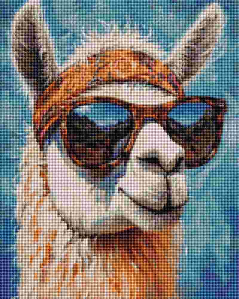 A stylized close-up portrait of a llama or alpaca wearing dark sunglasses and an orange patterned headband against a bright blue background. Hippie Llama - Diamond Painting