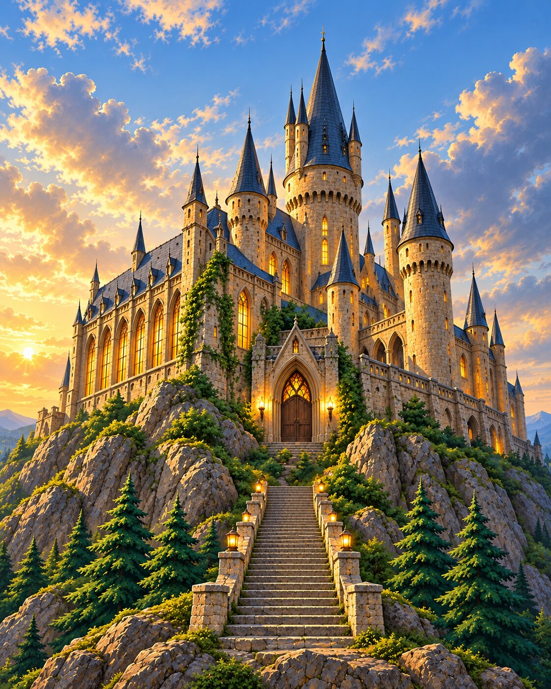 A majestic fantasy castle with tall spires and glowing windows, perched on rocky cliffs with a stone staircase leading up to the entrance. The scene is set under a dramatic sunset sky with golden light and clouds, with evergreen trees in the foreground. Hogwarts Castle - Diamond Painting
