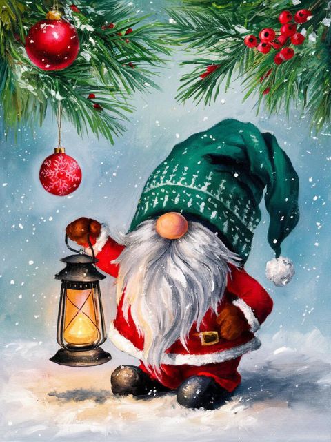 Christmas gnome with a lantern surrounded by festive decorations. Holiday Lantern Gnome - Diamond Painting