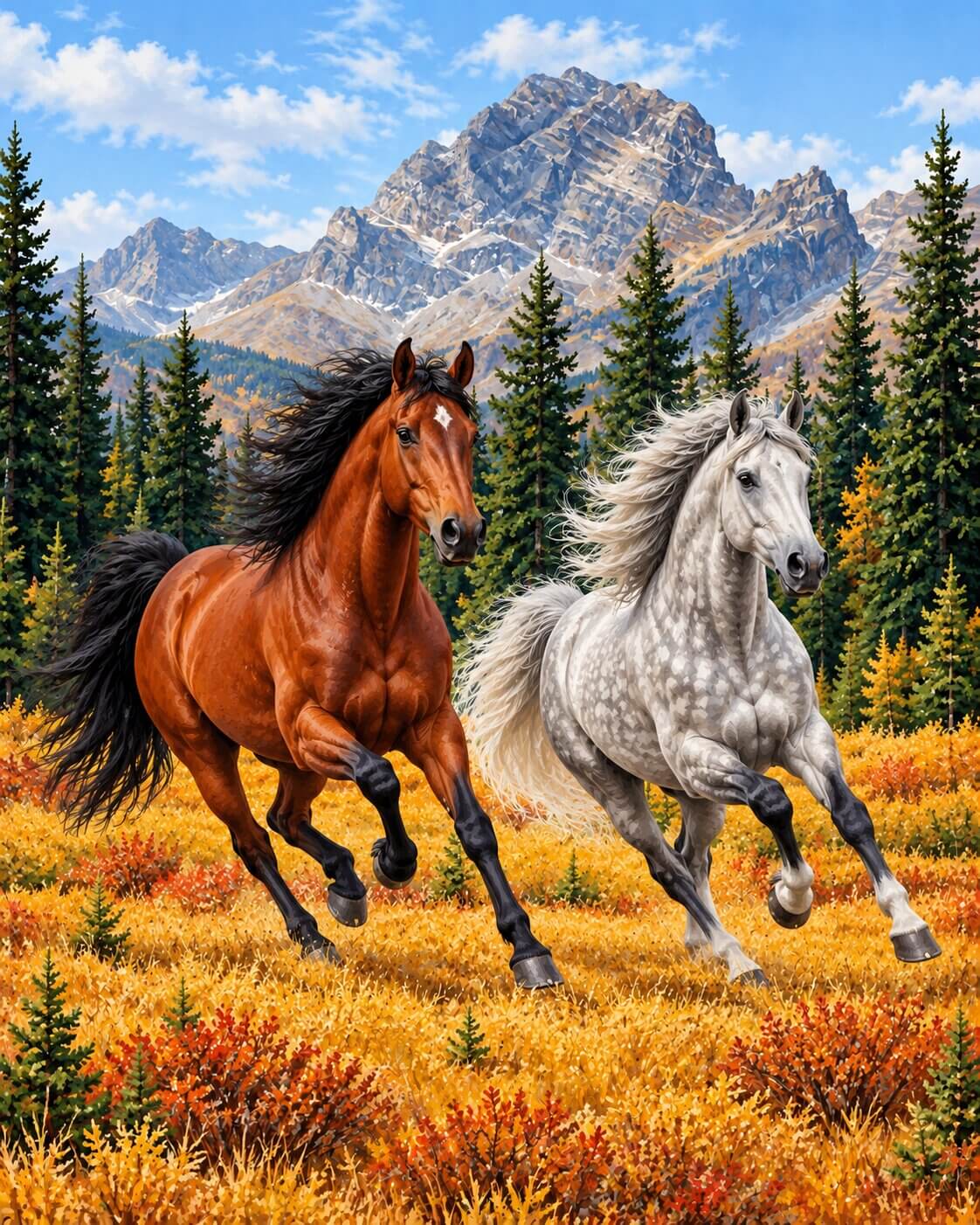 A scenic artwork showing two horses running through an autumn meadow with evergreen trees and rocky mountains in the background. One horse is reddish brown and the other is white with gray shading. Horses in Wood - Diamond Painting