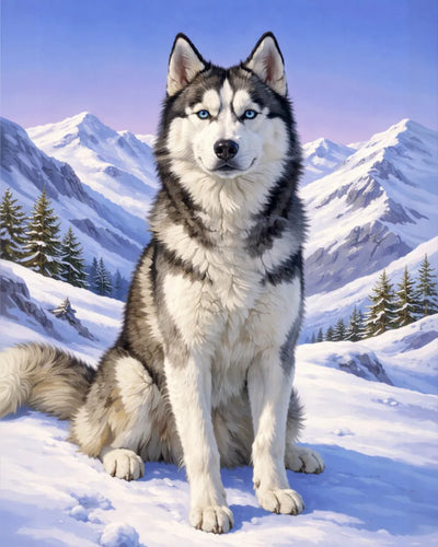 Husky dog with blue eyes sitting in a snowy landscape with mountains and trees. Husky  - Diamond Painting