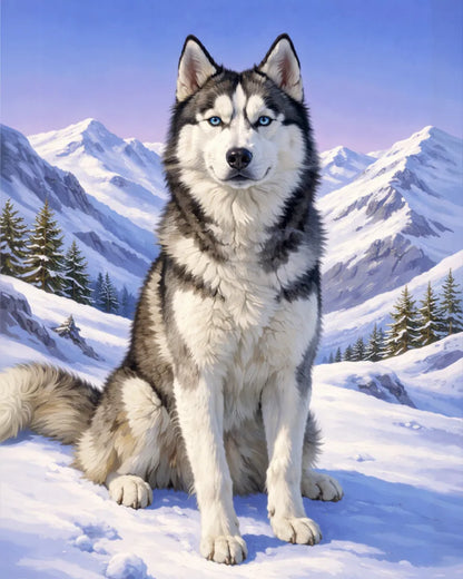 Husky dog with blue eyes sitting in a snowy landscape with mountains and trees. Husky  - Diamond Painting