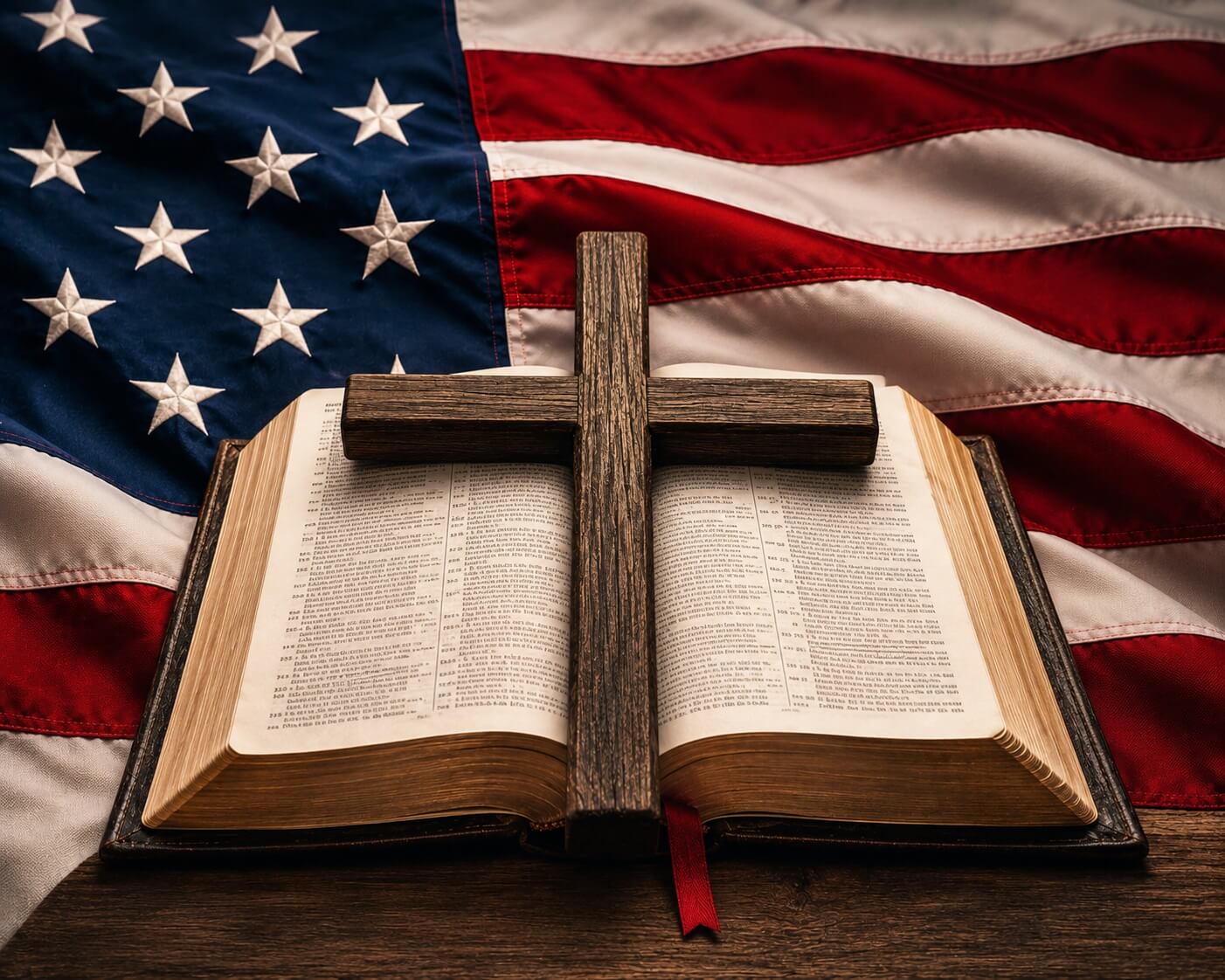 An open Bible on a wooden surface with a dark wooden cross resting on top, set against a draped American flag background.  In God We Trust - Diamond Art