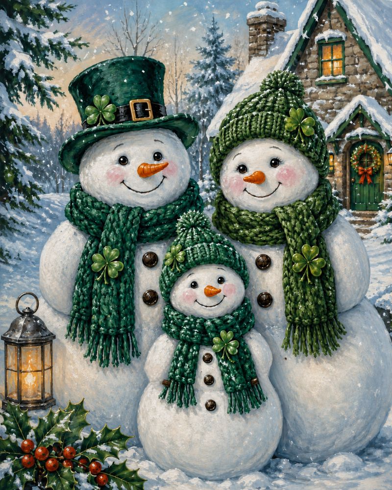 A festive winter scene featuring three snowman figures wearing matching green knit hats and scarves with shamrock accents, standing in front of a snow-covered house. A lantern glows on the left, with evergreen trees and holly in the foreground. Irish Snowman Family - Diamond Painting