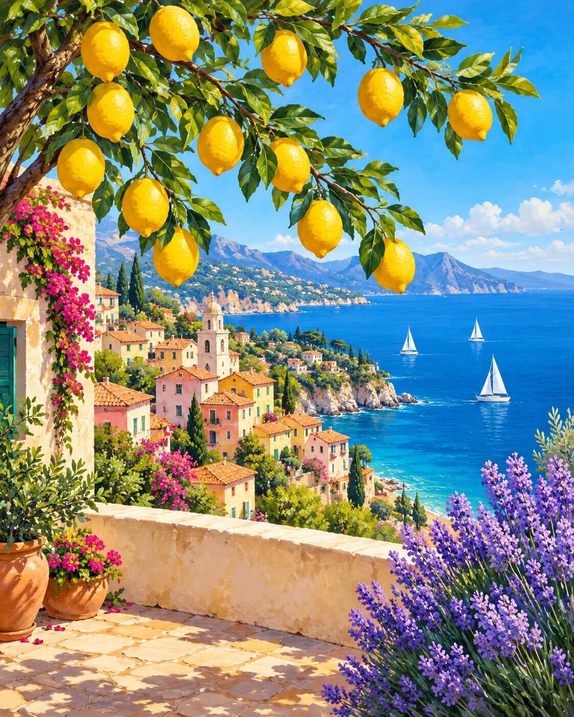 A vibrant Mediterranean coastal landscape painting featuring a lemon tree laden with yellow lemons in the foreground, overlooking a hillside village with pink flowers, a stone wall, and a deep blue sea with sailboats under a bright sky. Italian Coast - Diamond Painting
