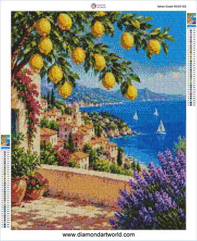 A diamond painting canvas design titled 'Italian Coast 40/50 SQ' showing a scenic coastal town with lemons, blue sea, and purple flowers, with brand and color chart details.