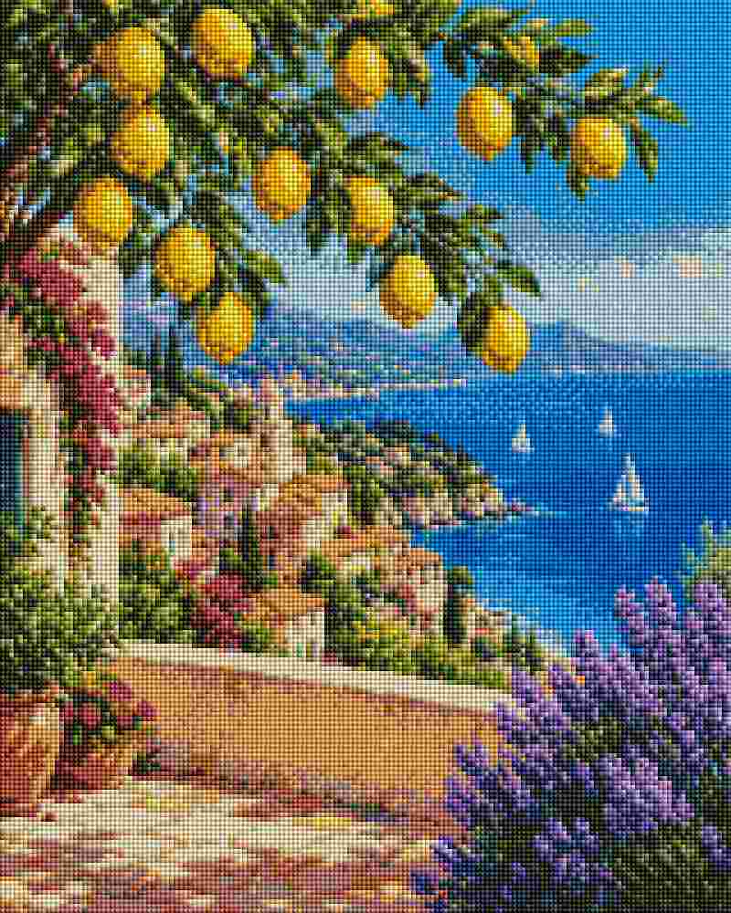 A colorful scenic artwork showing a coastal town by the sea, with blue ocean water, sailboats, a lemon tree laden with yellow lemons in the foreground, purple flowers, and a stone wall. Italian Coast - Diamond Art