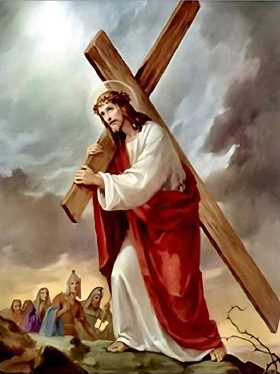 Painting of a religious figure carrying a cross with a dramatic sky and figures in the background. Jesus Carrying Cross - Diamond Painting
