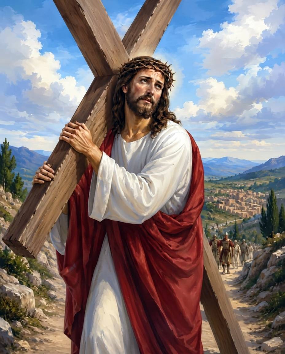 Religious artwork depicting Jesus carrying a large wooden cross up a mountain path, with a white robe, red draped cloth, crown of thorns, and a scenic landscape background under a blue sky. Jesus Carrying Cross - Diamond Painting