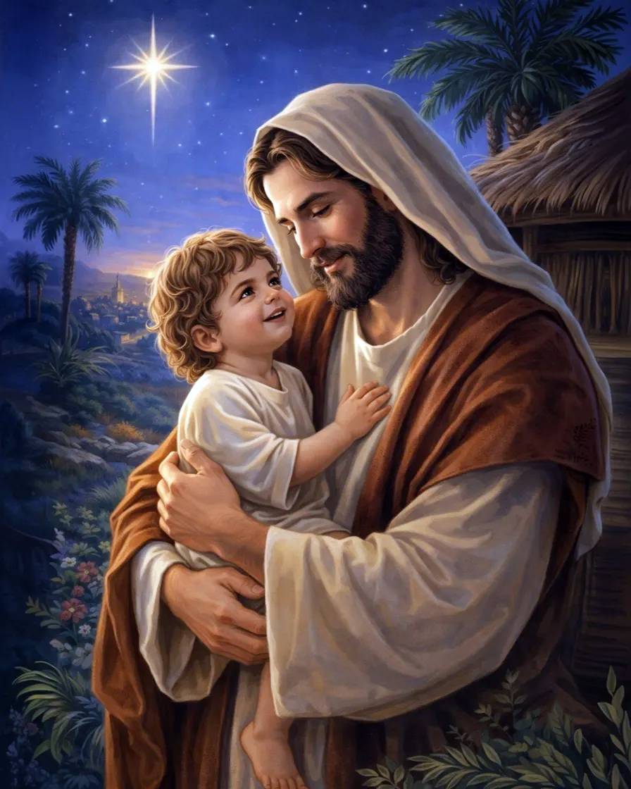 Religious painting of Jesus holding a child under a starry night sky with palm trees and a thatched-roof structure in the background. Jesus holding child - Diamond painting