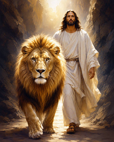 A dramatic religious artwork showing Jesus in flowing white robes walking beside a large golden lion in a rocky, sunlit passage. Jesus is the Lion of Judah