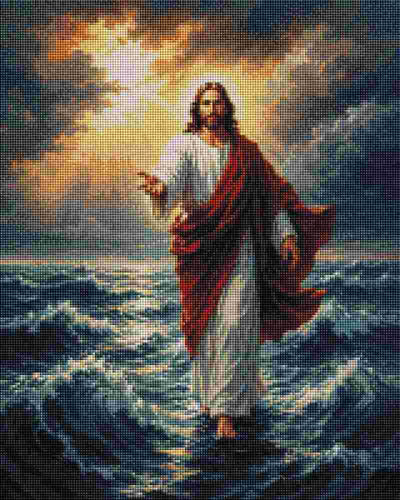 A religious painting of Jesus walking on stormy ocean waves, with a glowing sky behind him and a red draped cloak over white robes. Jesus Walks on Water - Diamond Art