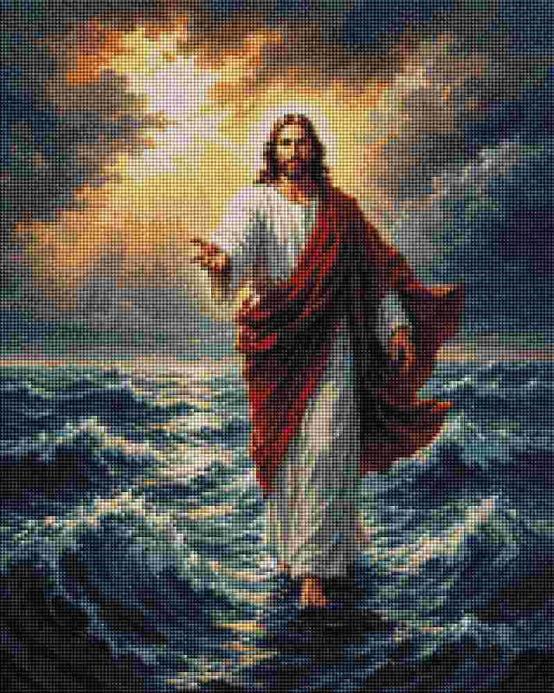A religious painting of Jesus walking on stormy ocean waves, with a glowing sky behind him and a red draped cloak over white robes. Jesus Walks on Water - Diamond Art