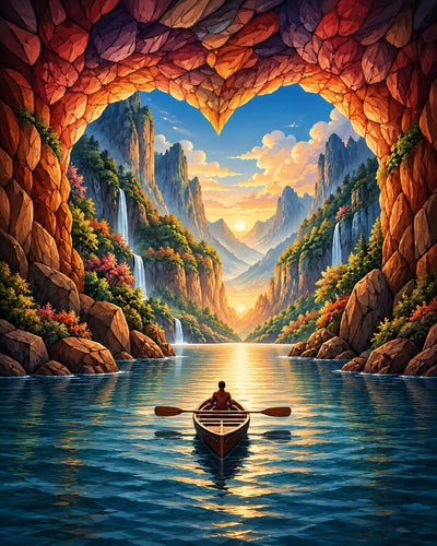 A scenic fantasy landscape artwork showing a person rowing a small boat on a reflective blue river, framed by a large rocky cave opening with mountains, waterfalls, and a glowing sunset in the distance. Kayaking Out Of the Cave - Diamond Painting
