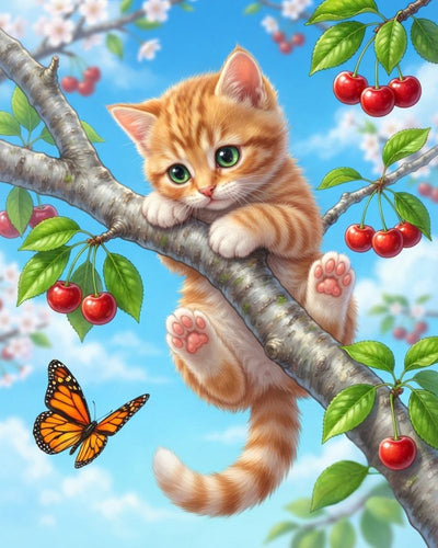 Kitten Hanging on Cherry Tree - Diamond Painting