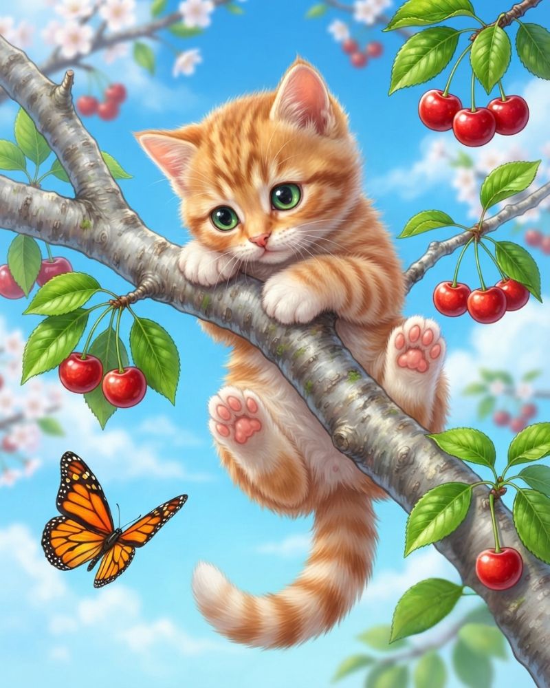 Kitten Hanging on Cherry Tree - Diamond Painting