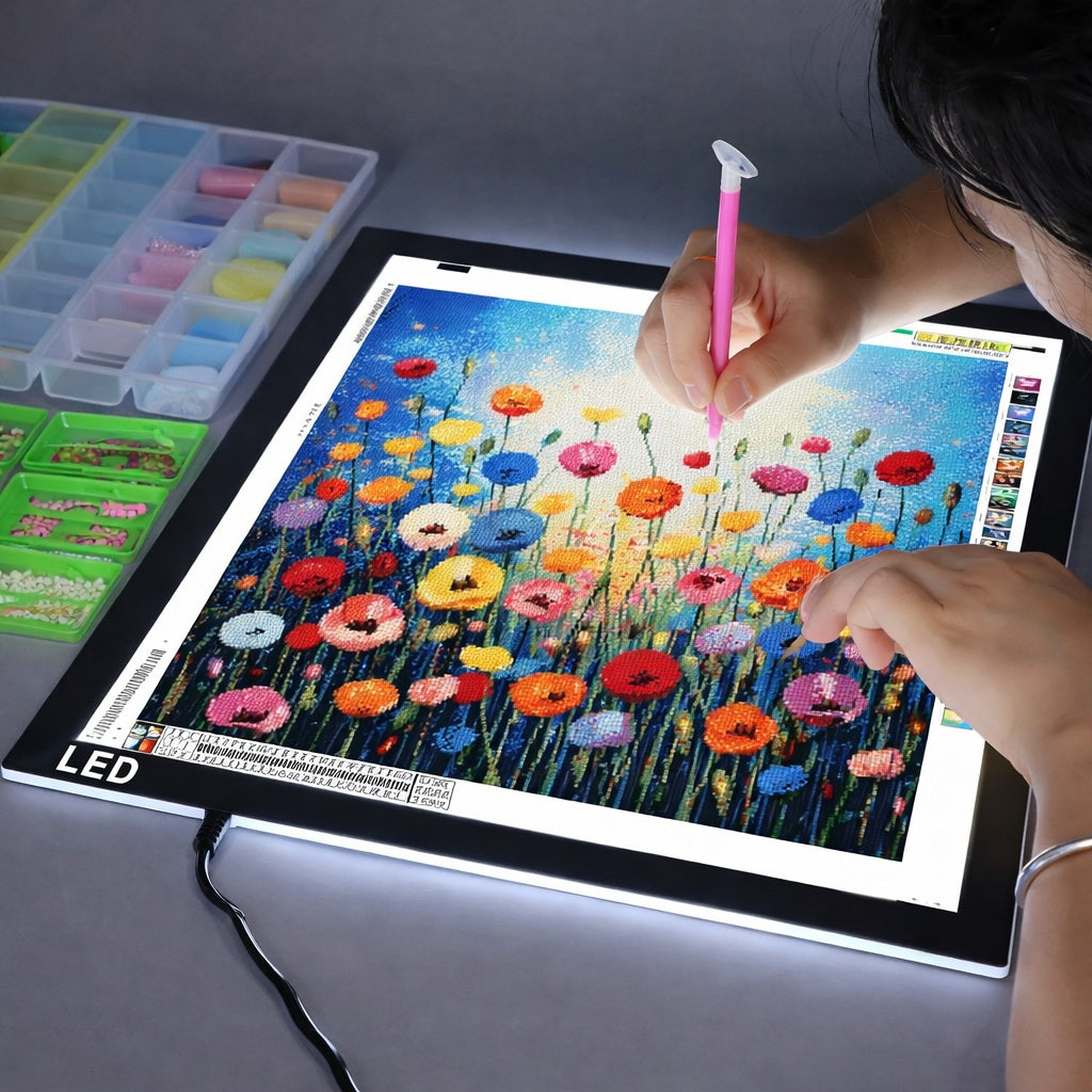 Person using a pink pen to color a floral design on an LED art board.