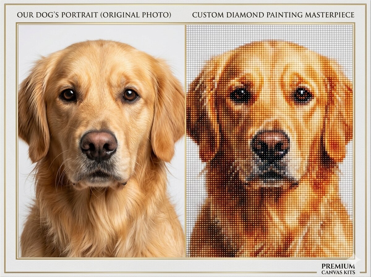 Comparison of a dog's portrait in an original photo and its diamond painting representation. Custom diamond painting - Diamond art world