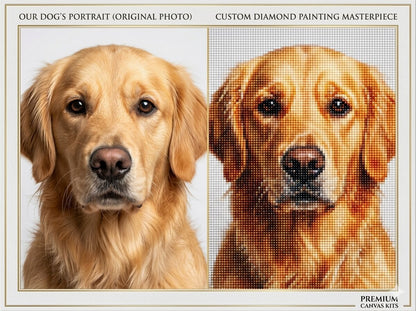 Comparison of a dog's portrait in an original photo and its diamond painting representation. Custom diamond painting - Diamond art world