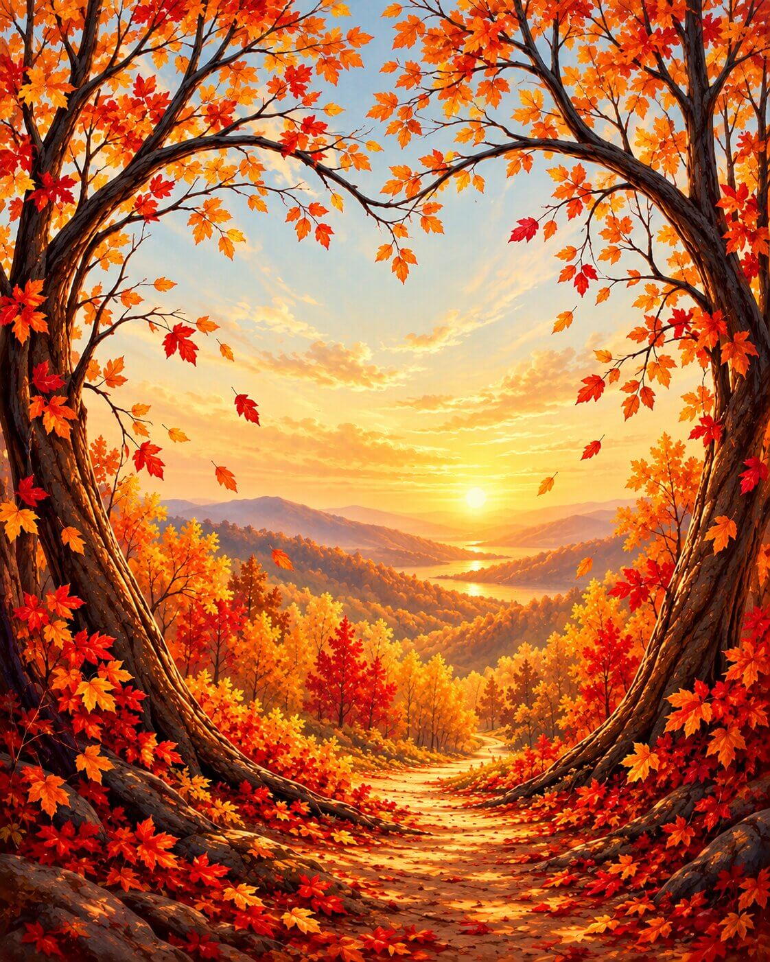 A scenic autumn landscape artwork showing a sunlit path framed by trees with vivid orange, red, and yellow leaves, leading toward a glowing sunset over rolling hills. Landscape Love Tree - Diamond Painting