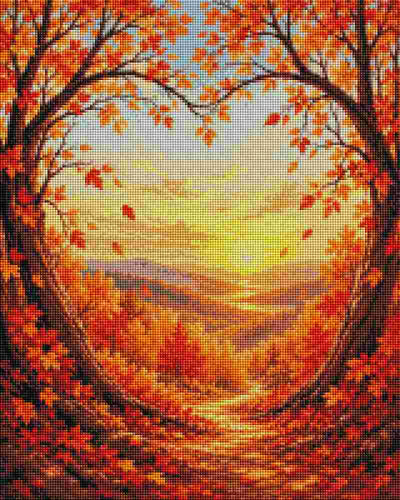 An autumn landscape artwork showing a sunlit path framed by trees with vivid orange, red, and yellow leaves, with distant hills under a glowing sky. Landscape Love Tree - Diamond Art