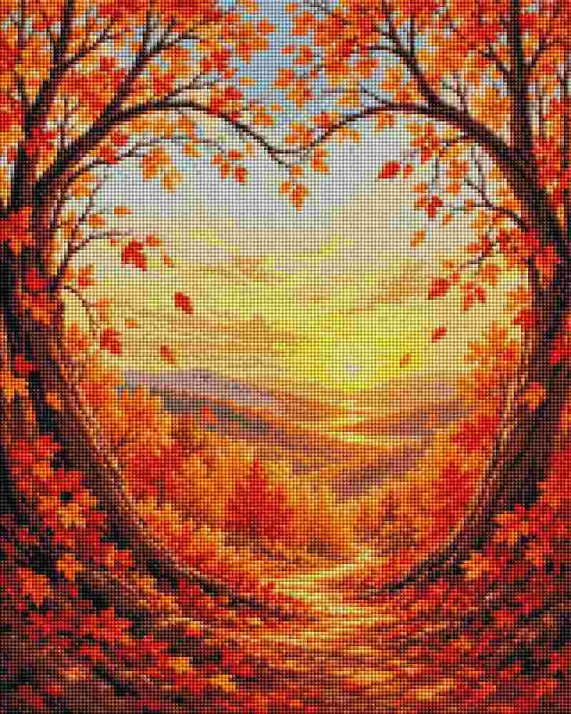 An autumn landscape artwork showing a sunlit path framed by trees with vivid orange, red, and yellow leaves, with distant hills under a glowing sky. Landscape Love Tree - Diamond Art