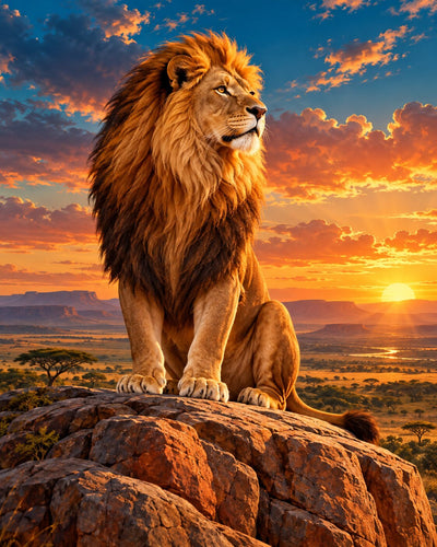 A large male lion with a full golden mane sits on a rocky outcrop overlooking a savanna landscape at sunset, with orange clouds, a glowing sun, and blue sky in the background. Lion King - Diamond Painting