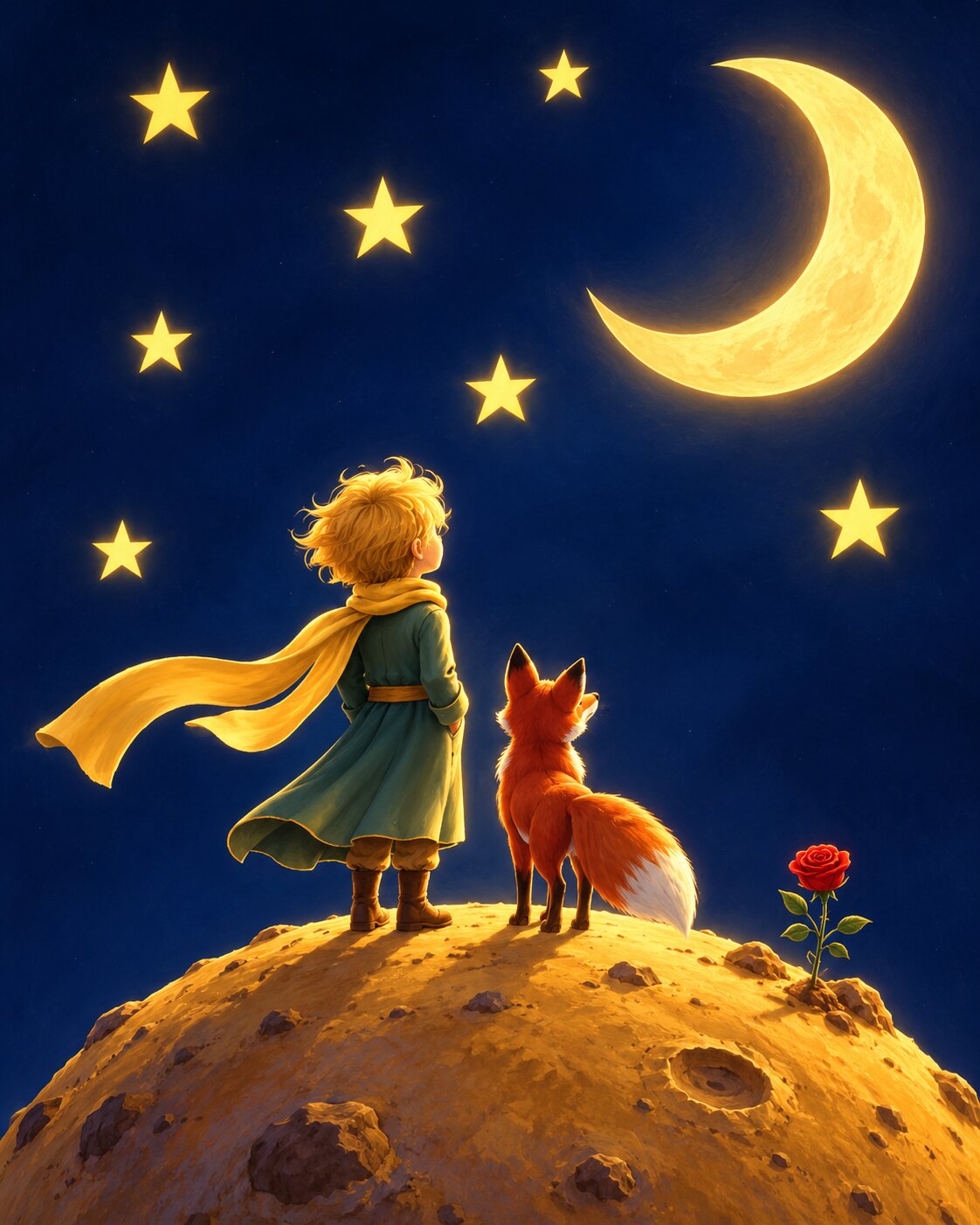 A whimsical night scene with the Little Prince standing on a glowing moon-like hill beside an orange fox, under a large crescent moon and several bright stars in a deep blue sky. A single red rose grows near the base of the hill. Little Prince - Diamond Painting
