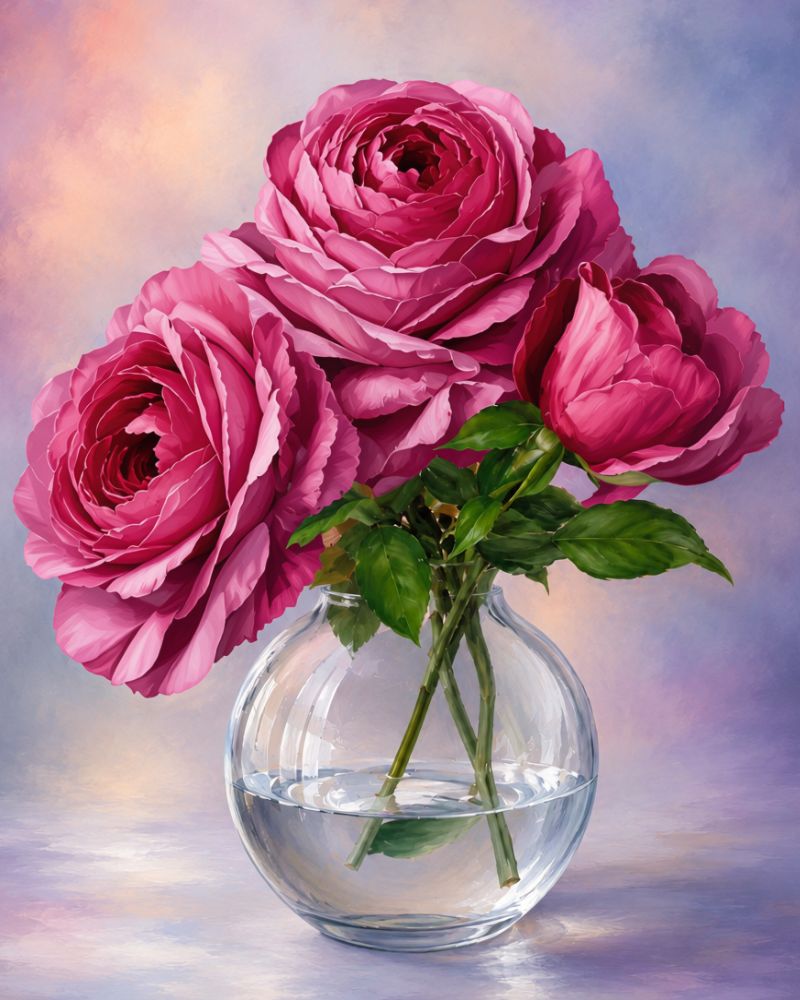 A still-life painting of three pink roses with green stems in a clear round glass vase against a soft pastel background. Magic Rose - Diamond Painting