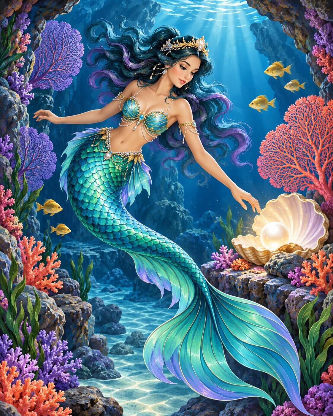 A fantasy underwater scene featuring a mermaid with flowing teal and purple hair, a blue-green scaled tail, and a gold crown, surrounded by coral, fish, rocks, and a glowing shell on a stone ledge. Magical Mermaid - Diamond Painting