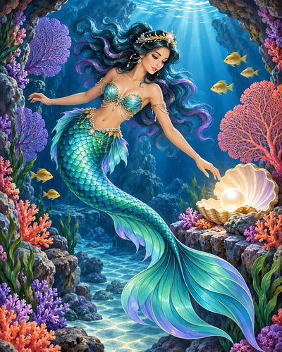 A fantasy underwater scene featuring a mermaid with flowing teal and purple hair, a blue-green scaled tail, and a gold crown, surrounded by coral, fish, rocks, and a glowing shell on a stone ledge. Magical Mermaid - Diamond Painting