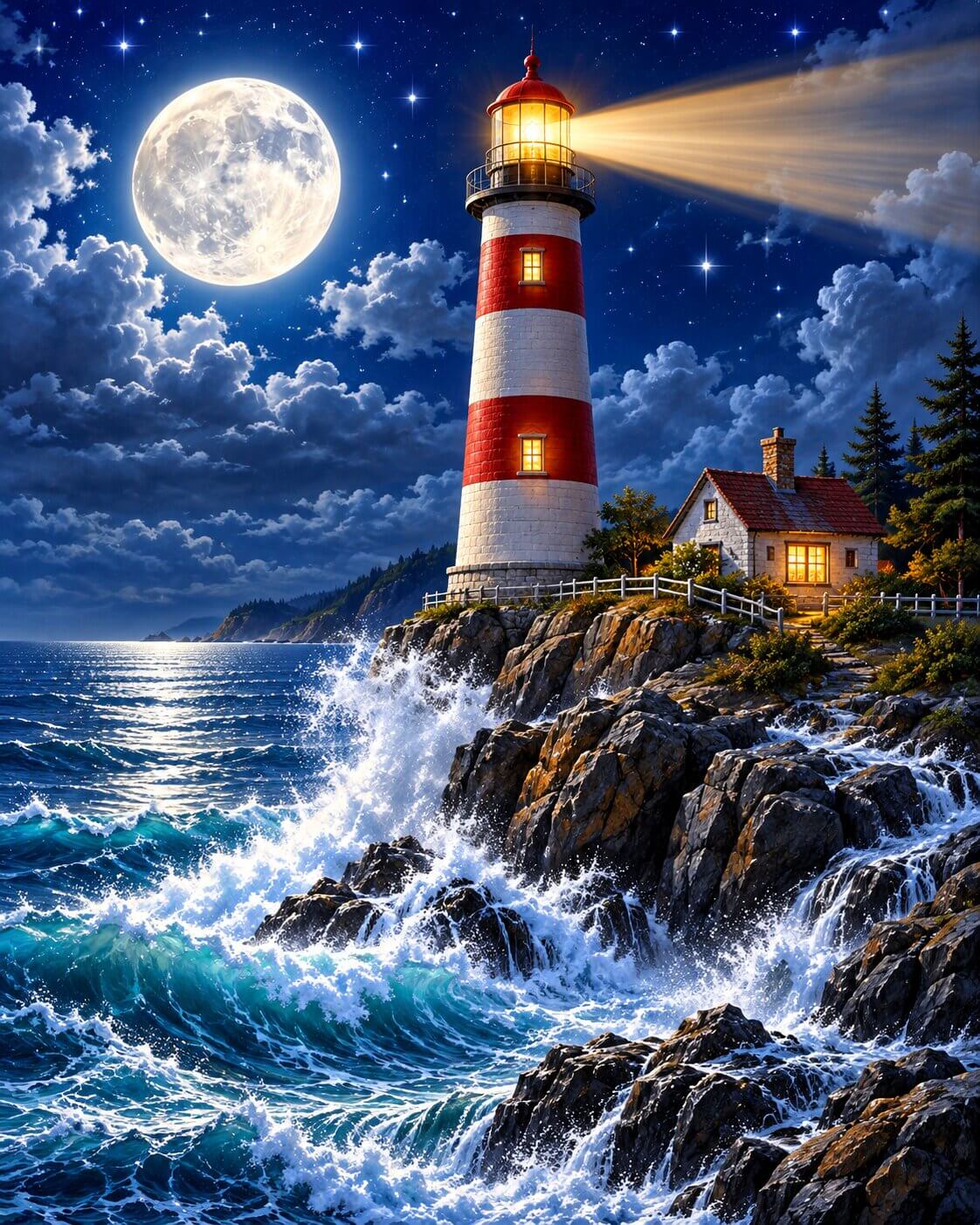 A dramatic night seascape artwork showing a red-and-white lighthouse on rocky shore, with waves crashing around its base, a small keeper's house, stars, clouds, and a large glowing moon in the sky. Majestic Lighthouse - Diamond Painting