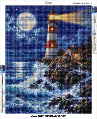 A diamond painting pattern sheet titled 'Magical Lighthouse' featuring a night scene of a red and white striped lighthouse on a rocky cliff, casting a beam of light over churning blue waves under a full moon.