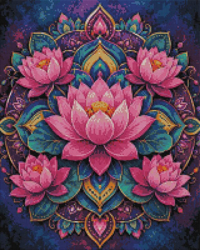 A square canvas or tile featuring a symmetrical floral mandala design with four pink lotus flowers and ornate teal, gold, and purple decorative elements on a dark blue background. Mandala Lotus Flowers Diamond Art