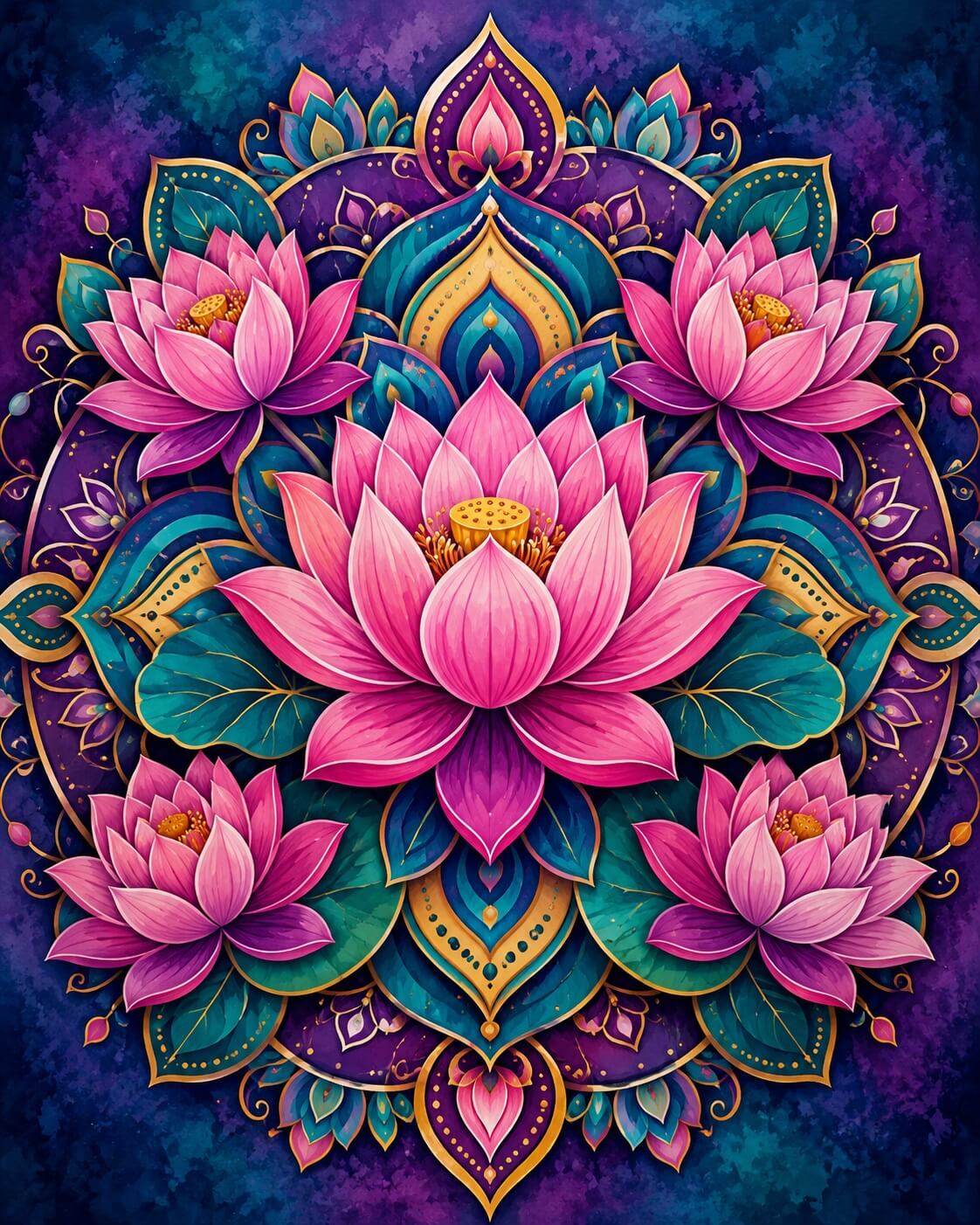 Vibrant digital art print featuring a symmetrical mandala design with pink and magenta lotus flowers, teal leaves, and gold ornamental details on a deep purple and blue textured background. Mandala Lotus Flowers Diamond Painting