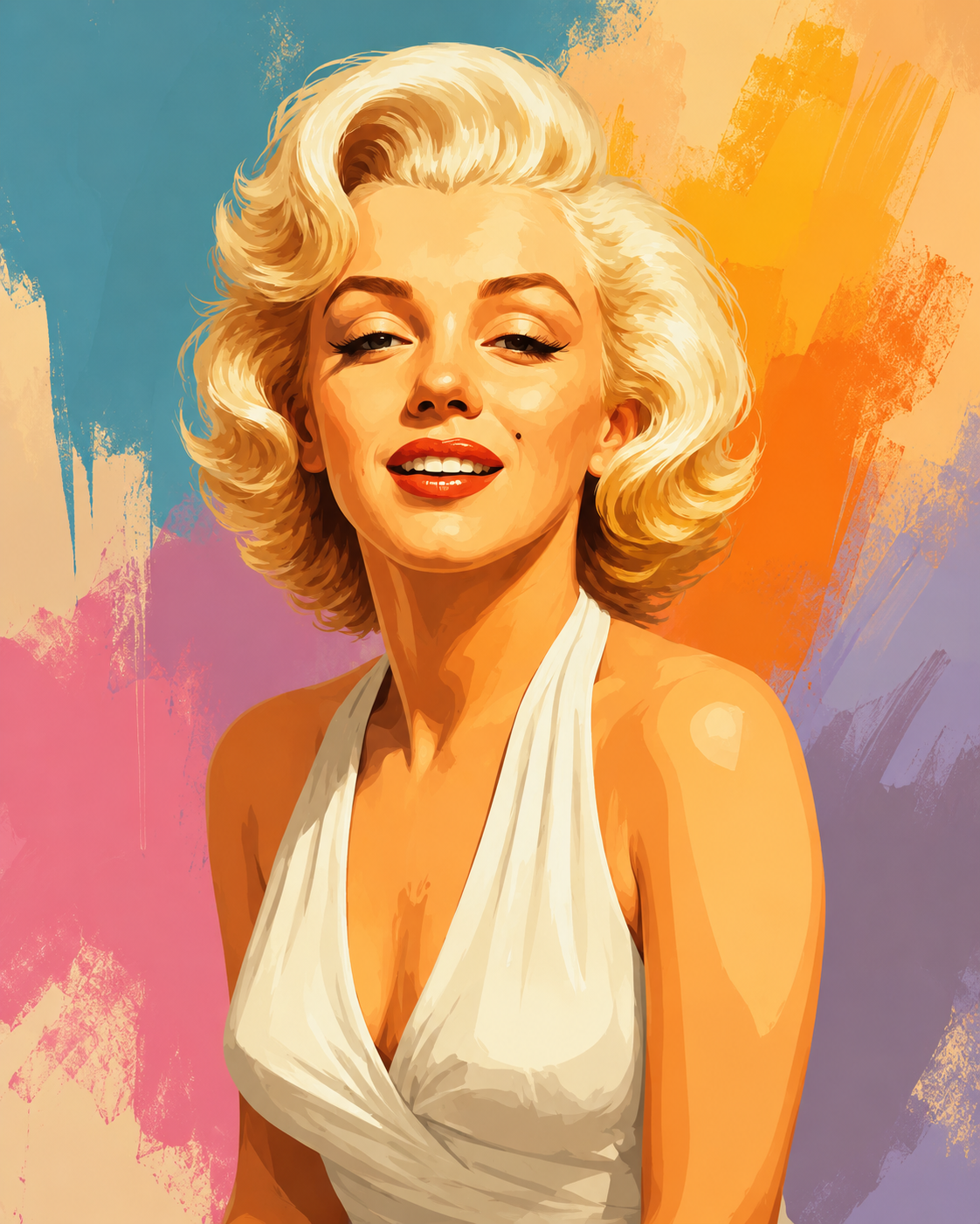 A stylized portrait artwork of a woman with blonde hair wearing a white halter-style top, set against an abstract multicolor painted background with blue, orange, pink, and purple brushstrokes. v