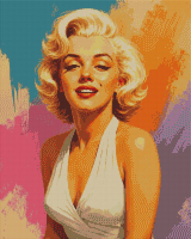 A stylized pop-art portrait of Marilyn Monroe rendered in a pixelated, diamond-glyph style with bright turquoise, orange, pink, purple, beige, and white tones. Marilyn Monroe - Diamond Art