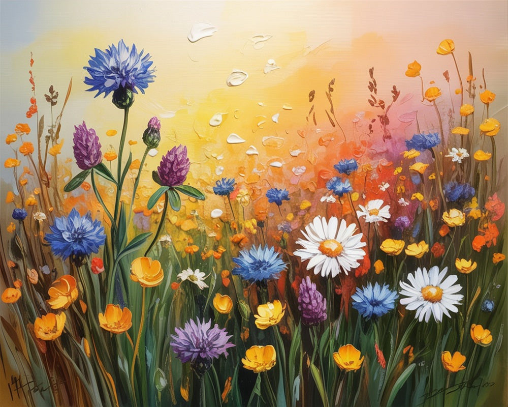 Colorful painting of a field of wildflowers with a warm, sunset-like background. Meadow Flowers - Diamond Art World