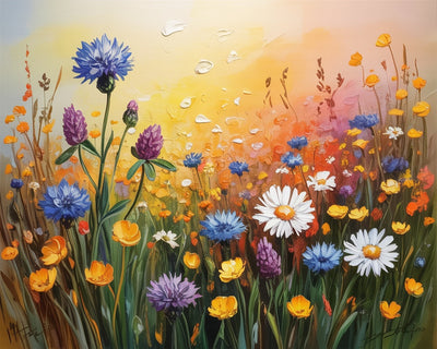 Colorful painting of a field of wildflowers with a warm, sunset-like background. Meadow Flowers - Diamond Art World