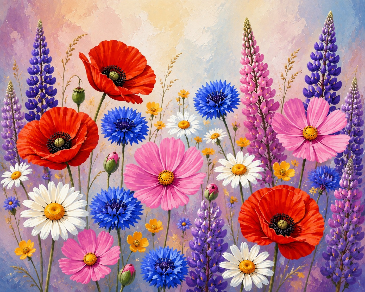 Vibrant floral painting featuring red poppies, pink cosmos, blue cornflowers, white daisies, and purple lupines against a soft pastel sky background. Meadow Flowers - Diamond Art World