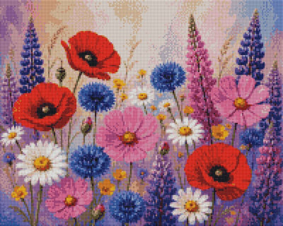 A colorful floral artwork showing red poppies, pink and white flowers, blue blossoms, and purple spikes against a soft pastel background. Meadow Flowers - Diamond Art