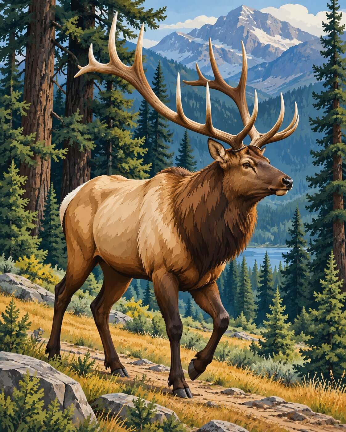 Elk diamond painting showing majestic elk standing in forest with mountains in background